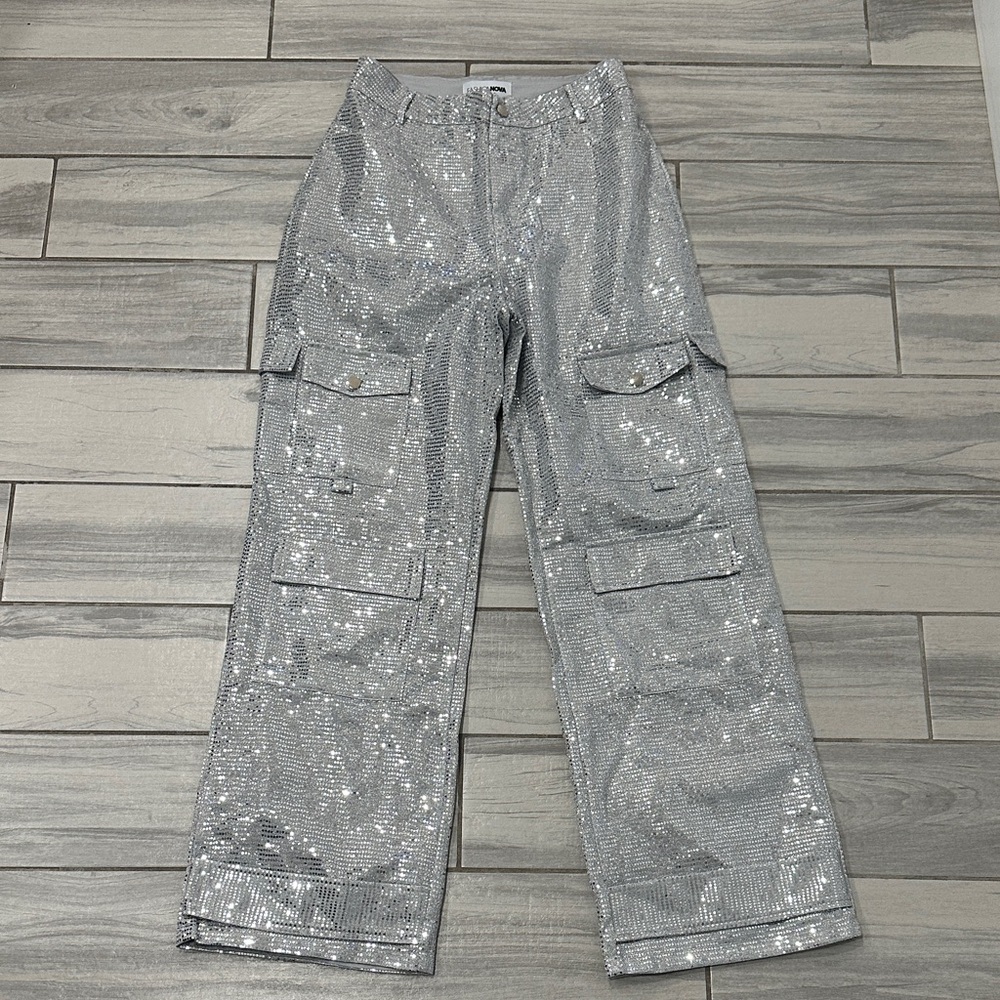 Fashion Nova Silver Sequin Wide Leg Pants